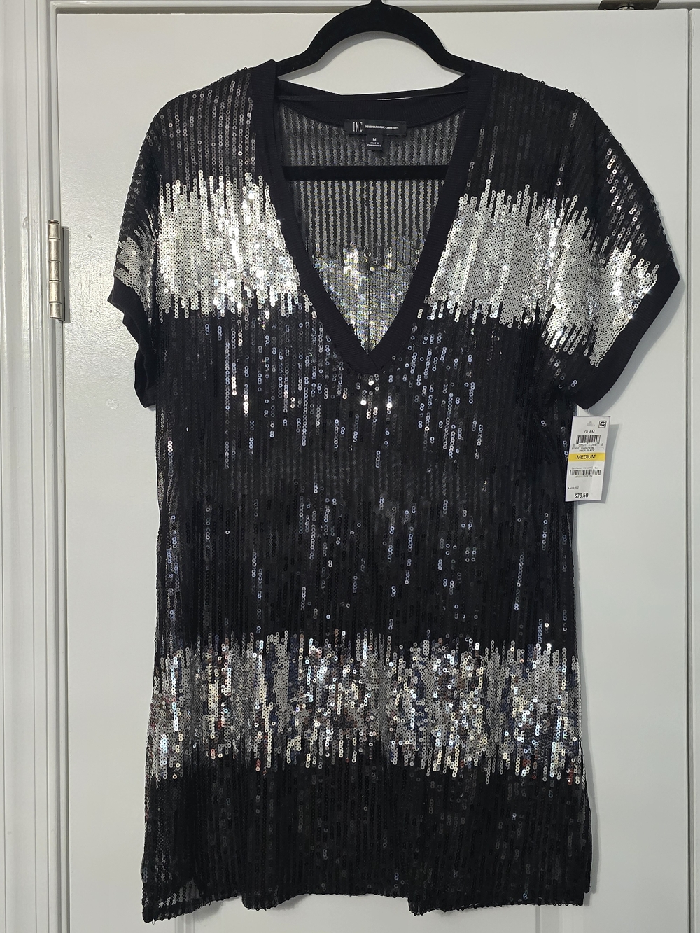INC. Black and Silver Sequin V-Neck Short Sleeve Top